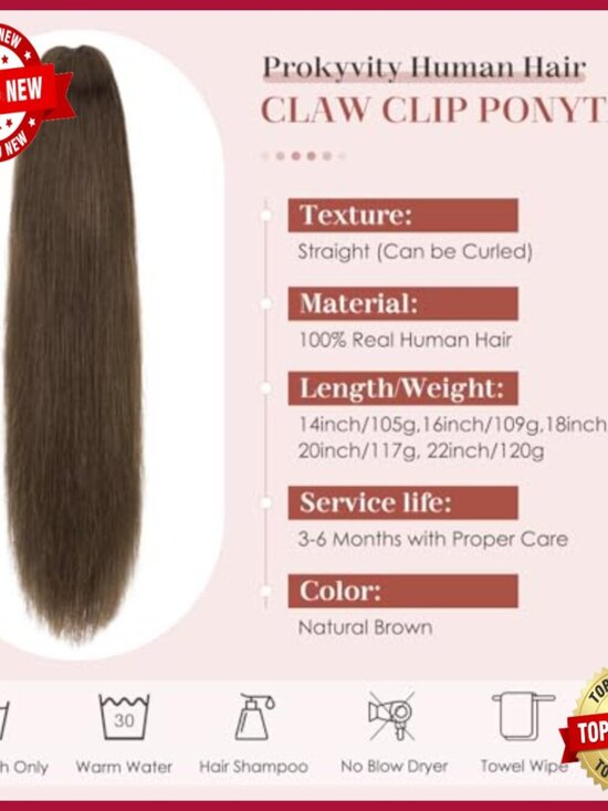 Human Hair Ponytail Extension with Claw Clip, 14 Inch, 105g